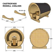 Picknickfass Gastrofass Marktstand Grillfass Campingfass Modell 205 x 240 cm; mit Glastür und Fenster in der Front + halbverglaste Rückwand, inkl. Dachschindeln schwarz, Bausatz