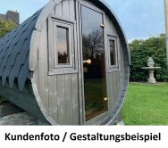 Picknickfass Gastrofass Marktstand Grillfass Campingfass Modell 205 x 240 cm; mit Glastür und Fenster in der Front + halbverglaste Rückwand, inkl. Dachschindeln schwarz, Bausatz