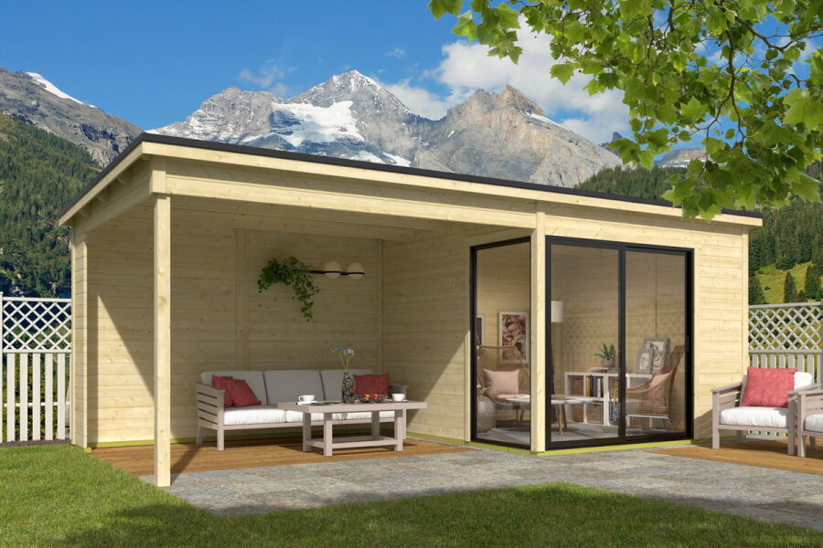 Gartenhaus MARA 1 + Schleppdach SEITE, 296 x 296 cm + 350 cm Schleppdach, 28mm Wandbohlen, unbehandelt, Alufenster und -türen