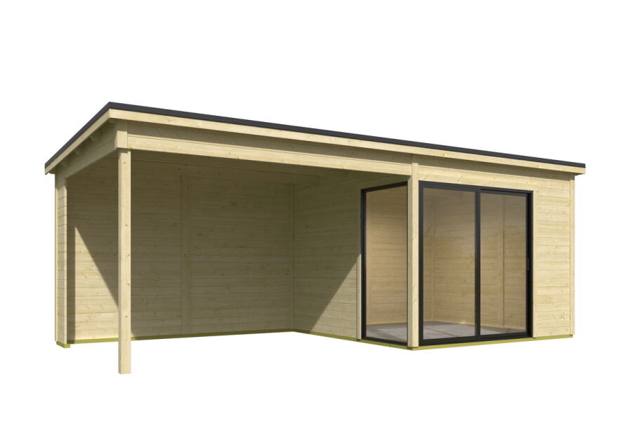 Gartenhaus MARA 1 + Schleppdach SEITE, 296 x 296 cm + 350 cm Schleppdach, 28mm Wandbohlen, unbehandelt, Alufenster und -türen