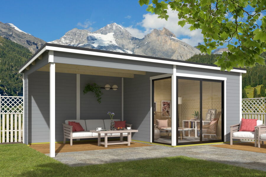 Gartenhaus MARA 1 + Schleppdach SEITE, 296 x 296 cm + 350 cm Schleppdach, 28mm Wandbohlen, RAL 7042 verkehrsgrau lackiert, Alufenster und -türen