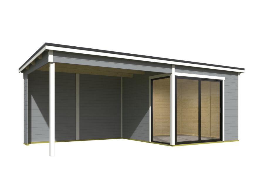 Gartenhaus MARA 1 + Schleppdach SEITE, 296 x 296 cm + 350 cm Schleppdach, 28mm Wandbohlen, RAL 7042 verkehrsgrau lackiert, Alufenster und -türen