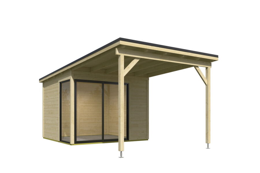 Gartenhaus MARA 1 + Schleppdach FRONT, 296 x 296 cm + 300 cm Schleppdach, 28mm Wandbohlen, unbehandelt, Alufenster und -türen
