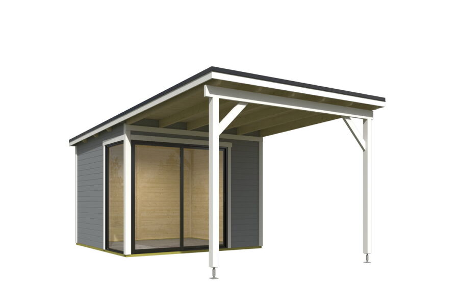 Gartenhaus MARA 1 + Schleppdach FRONT, 296 x 296 cm + 300 cm Schleppdach, 28mm Wandbohlen, RAL 7042 verkehrsgrau lackiert, Alufenster und -türen