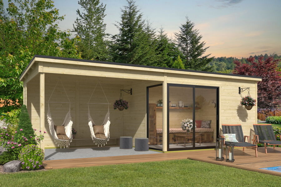 Gartenhaus MARA 2 + Schleppdach SEITE, 386 x 296 cm + 350 cm Schleppdach, 28mm Wandbohlen, unbehandelt, Alufenster und -türen