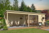 Gartenhaus MARA 2 + Schleppdach SEITE, 386 x 296 cm + 350 cm Schleppdach, 28mm Wandbohlen, unbehandelt, Alufenster und -türen