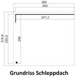 Gartenhaus MARA 2 + Schleppdach SEITE, 386 x 296 cm + 350 cm Schleppdach, 28mm Wandbohlen, RAL 7042 verkehrsgrau lackiert, Alufenster und -türen