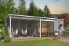 Gartenhaus MARA 2 + Schleppdach SEITE, 386 x 296 cm + 350 cm Schleppdach, 28mm Wandbohlen, RAL 7042 verkehrsgrau lackiert, Alufenster und -türen