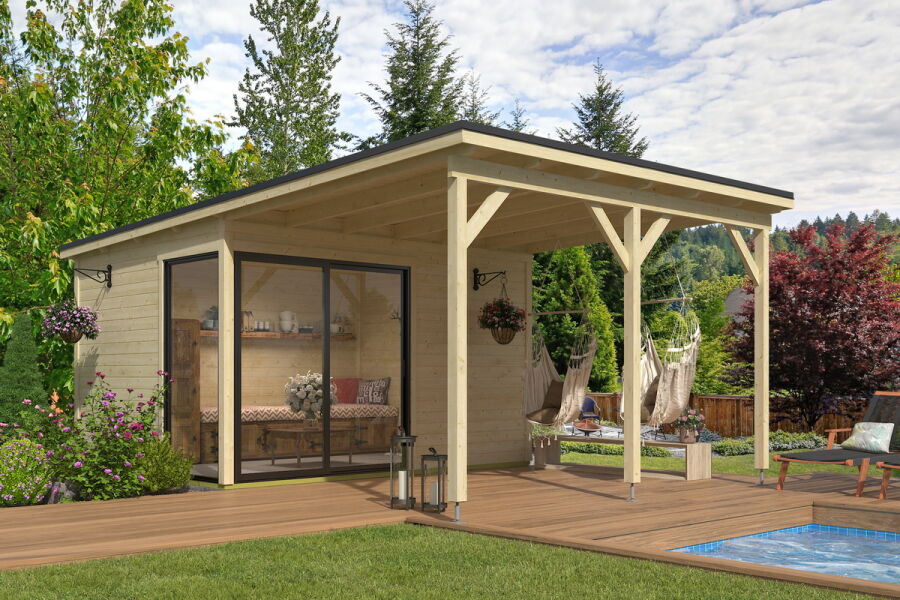 Gartenhaus MARA 2 + Schleppdach FRONT, 386 x 296 cm + 300 cm Schleppdach, 28mm Wandbohlen, unbehandelt, Alufenster und -türen