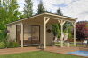 Gartenhaus MARA 2 + Schleppdach FRONT, 386 x 296 cm + 300 cm Schleppdach, 28mm Wandbohlen, unbehandelt, Alufenster und -türen