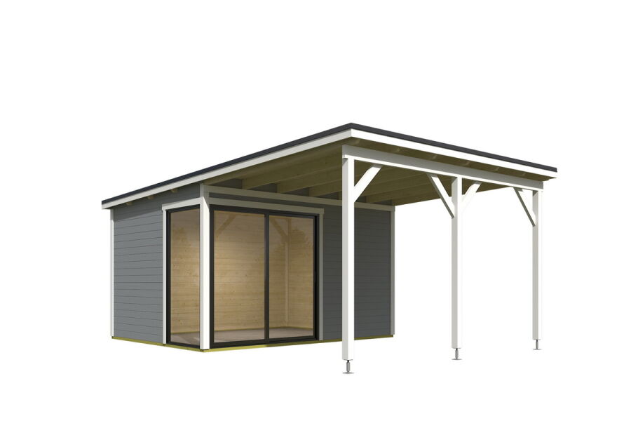 Gartenhaus MARA 2 + Schleppdach FRONT, 386 x 296 cm + 300 cm Schleppdach, 28mm Wandbohlen, RAL 7042 verkehrsgrau lackiert, Alufenster und -türen