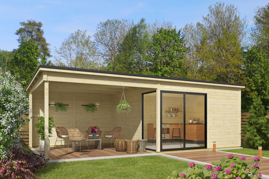 Gartenhaus MARA 3 + Schleppdach SEITE, 386 x 386 cm + 350 cm Schleppdach, 28mm Wandbohlen, unbehandelt, Alufenster und -türen