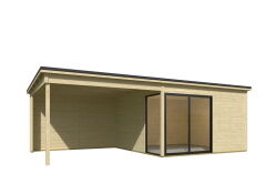 Gartenhaus MARA 3 + Schleppdach SEITE, 386 x 386 cm + 350 cm Schleppdach, 28mm Wandbohlen, unbehandelt, Alufenster und -türen