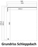Gartenhaus MARA 3 + Schleppdach SEITE, 386 x 386 cm + 350 cm Schleppdach, 28mm Wandbohlen, unbehandelt, Alufenster und -türen