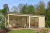 Gartenhaus MARA 3 + Schleppdach SEITE, 386 x 386 cm + 350 cm Schleppdach, 28mm Wandbohlen, unbehandelt, Alufenster und -türen