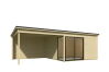Gartenhaus MARA 3 + Schleppdach SEITE, 386 x 386 cm + 350 cm Schleppdach, 28mm Wandbohlen, unbehandelt, Alufenster und -türen