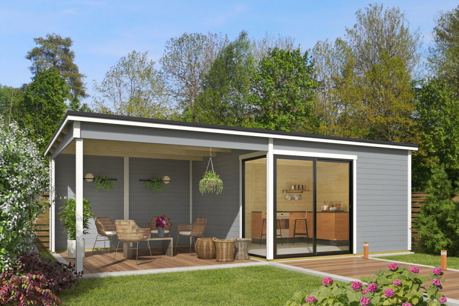 Gartenhaus MARA 3 + Schleppdach SEITE, 386 x 386 cm + 350 cm Schleppdach, 28mm Wandbohlen, RAL 7042 verkehrsgrau lackiert, Alufenster und -türen