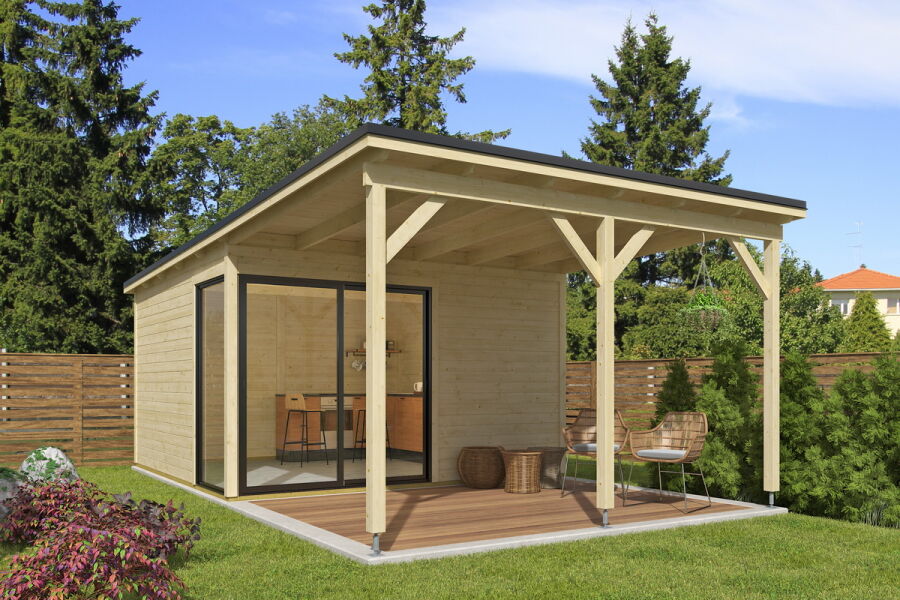 Gartenhaus MARA 3 + Schleppdach FRONT, 386 x 386 cm + 300 cm Schleppdach, 28mm Wandbohlen, unbehandelt, Alufenster und -türen