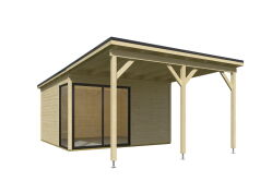 Gartenhaus MARA 3 + Schleppdach FRONT, 386 x 386 cm + 300 cm Schleppdach, 28mm Wandbohlen, unbehandelt, Alufenster und -türen