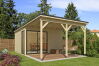 Gartenhaus MARA 3 + Schleppdach FRONT, 386 x 386 cm + 300 cm Schleppdach, 28mm Wandbohlen, unbehandelt, Alufenster und -türen