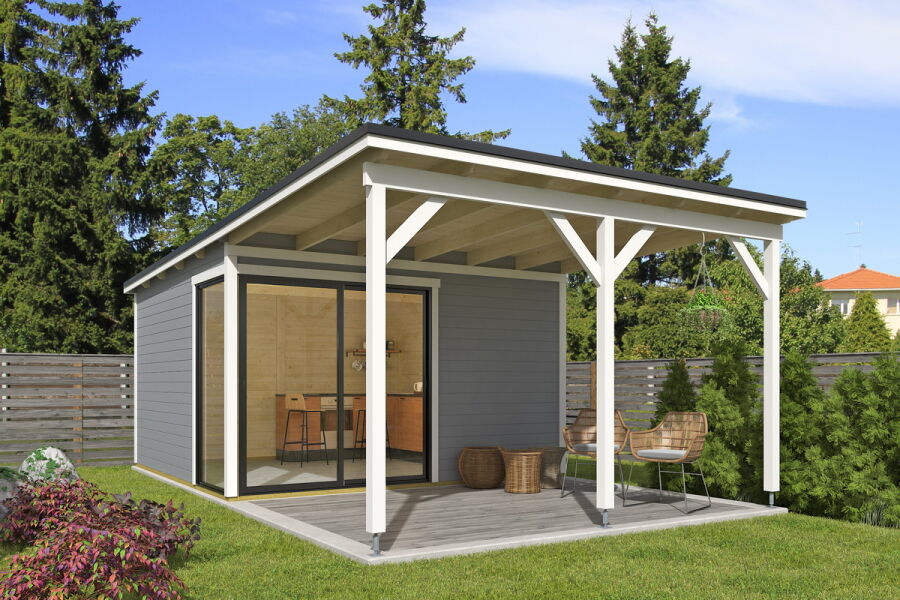 Gartenhaus MARA 3 + Schleppdach FRONT, 386 x 386 cm + 300 cm Schleppdach, 28mm Wandbohlen, RAL 7042 verkehrsgrau lackiert, Alufenster und -türen