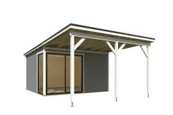 Gartenhaus MARA 3 + Schleppdach FRONT, 386 x 386 cm + 300 cm Schleppdach, 28mm Wandbohlen, RAL 7042 verkehrsgrau lackiert, Alufenster und -türen