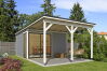 Gartenhaus MARA 3 + Schleppdach FRONT, 386 x 386 cm + 300 cm Schleppdach, 28mm Wandbohlen, RAL 7042 verkehrsgrau lackiert, Alufenster und -türen
