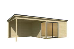 Gartenhaus MARA 4 + Schleppdach SEITE, 386 x 386 cm + 350 cm Schleppdach, 44mm Wandbohlen, unbehandelt, Alufenster und -türen