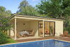 Gartenhaus MARA 4 + Schleppdach SEITE, 386 x 386 cm + 350 cm Schleppdach, 44mm Wandbohlen, unbehandelt, Alufenster und -türen