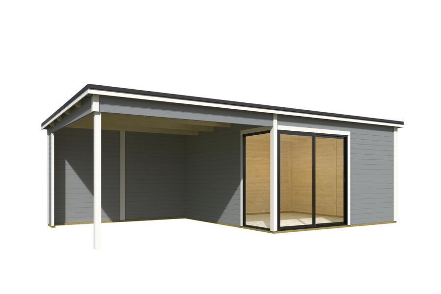 Gartenhaus MARA 4 + Schleppdach SEITE, 386 x 386 cm + 350 cm Schleppdach, 44mm Wandbohlen, RAL 7042 verkehrsgrau lackiert, Alufenster und -türen