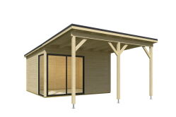 Gartenhaus MARA 4 + Schleppdach FRONT, 386 x 386 cm + 300 cm Schleppdach, 44mm Wandbohlen, unbehandelt, Alufenster und -türen