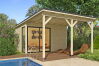 Gartenhaus MARA 4 + Schleppdach FRONT, 386 x 386 cm + 300 cm Schleppdach, 44mm Wandbohlen, unbehandelt, Alufenster und -türen