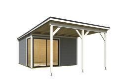 Gartenhaus MARA 4 + Schleppdach FRONT, 386 x 386 cm + 300 cm Schleppdach, 44mm Wandbohlen, RAL 7042 verkehrsgrau lackiert, Alufenster und -türen