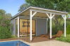 Gartenhaus MARA 4 + Schleppdach FRONT, 386 x 386 cm + 300 cm Schleppdach, 44mm Wandbohlen, RAL 7042 verkehrsgrau lackiert, Alufenster und -türen