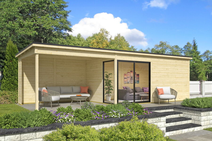 Gartenhaus MARA 5 + Schleppdach SEITE, 506 x 296 cm + 350 cm Schleppdach, 44mm Wandbohlen, unbehandelt, Alufenster und -türen