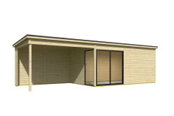 Gartenhaus MARA 5 + Schleppdach SEITE, 506 x 296 cm + 350 cm Schleppdach, 44mm Wandbohlen, unbehandelt, Alufenster und -türen