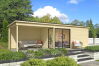 Gartenhaus MARA 5 + Schleppdach SEITE, 506 x 296 cm + 350 cm Schleppdach, 44mm Wandbohlen, unbehandelt, Alufenster und -türen