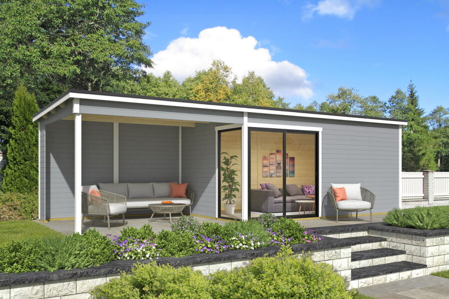 Gartenhaus MARA 5 + Schleppdach SEITE, 506 x 296 cm + 350 cm Schleppdach, 44mm Wandbohlen, RAL 7042 verkehrsgrau lackiert, Alufenster und -türen