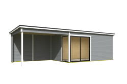 Gartenhaus MARA 5 + Schleppdach SEITE, 506 x 296 cm + 350 cm Schleppdach, 44mm Wandbohlen, RAL 7042 verkehrsgrau lackiert, Alufenster und -türen