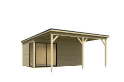 Gartenhaus MARA 5 + Schleppdach FRONT, 506 x 296 cm + 300 cm Schleppdach, 44mm Wandbohlen, unbehandelt, Alufenster und -türen