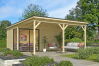 Gartenhaus MARA 5 + Schleppdach FRONT, 506 x 296 cm + 300 cm Schleppdach, 44mm Wandbohlen, unbehandelt, Alufenster und -türen