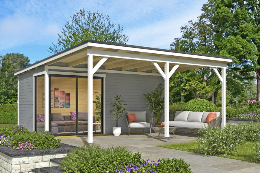 Gartenhaus MARA 5 + Schleppdach FRONT, 506 x 296 cm + 300 cm Schleppdach, 44mm Wandbohlen, RAL 7042 verkehrsgrau lackiert, Alufenster und -türen