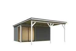 Gartenhaus MARA 5 + Schleppdach FRONT, 506 x 296 cm + 300 cm Schleppdach, 44mm Wandbohlen, RAL 7042 verkehrsgrau lackiert, Alufenster und -türen