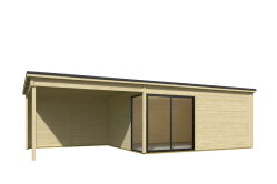 Gartenhaus MARA 6 + Schleppdach SEITE, 506 x 386 cm + 350 cm Schleppdach, 44mm Wandbohlen, unbehandelt, Alufenster und -türen