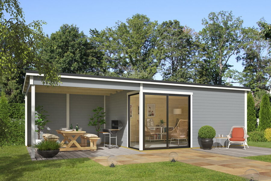 Gartenhaus MARA 6 + Schleppdach SEITE, 506 x 386 cm + 350 cm Schleppdach, 44mm Wandbohlen, RAL 7042 verkehrsgrau lackiert, Alufenster und -türen