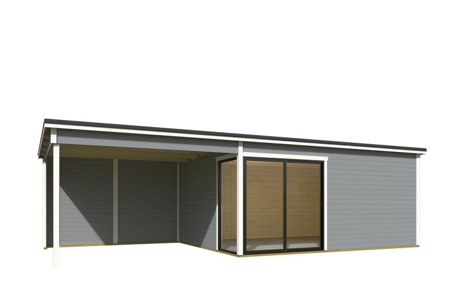 Gartenhaus MARA 6 + Schleppdach SEITE, 506 x 386 cm + 350 cm Schleppdach, 44mm Wandbohlen, RAL 7042 verkehrsgrau lackiert, Alufenster und -türen