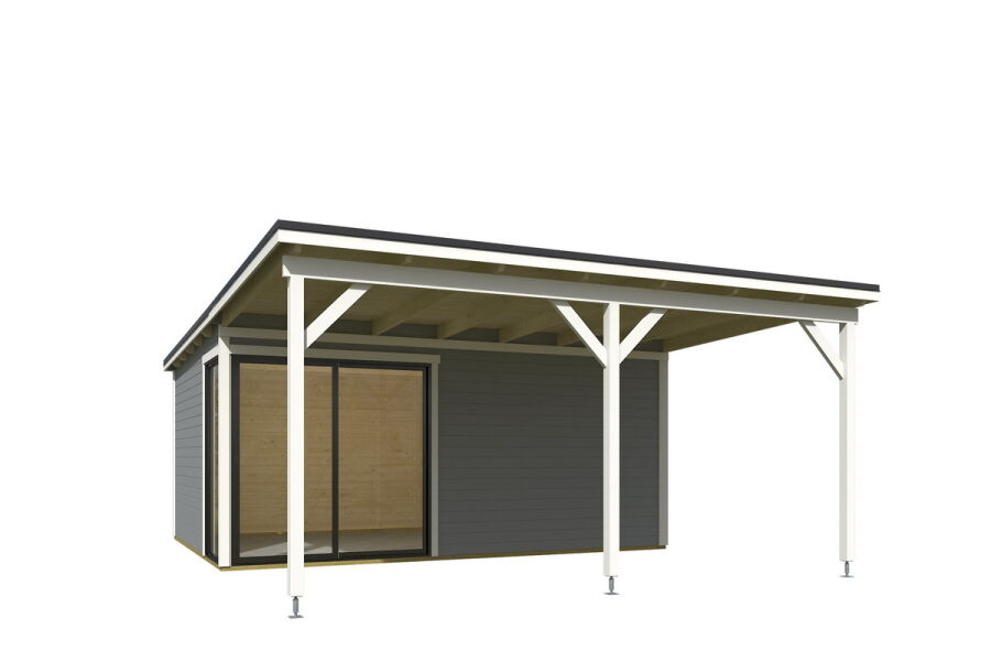 Gartenhaus MARA 6 + Schleppdach FRONT, 506 x 386 cm + 300 cm Schleppdach, 44mm Wandbohlen, RAL 7042 verkehrsgrau lackiert, Alufenster und -türen