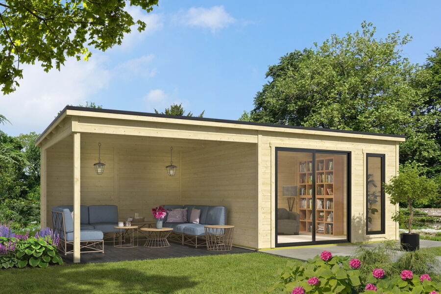 Gartenhaus NOVA 1 + Schleppdach SEITE, 386 x 296 cm + 350 cm Schleppdach, 28mm Wandbohlen, unbehandelt, Alufenster und -türen