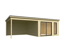 Gartenhaus NOVA 1 + Schleppdach SEITE, 386 x 296 cm + 350 cm Schleppdach, 28mm Wandbohlen, unbehandelt, Alufenster und -türen