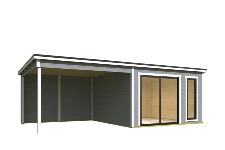 Gartenhaus NOVA 1 + Schleppdach SEITE, 386 x 296 cm + 350 cm Schleppdach, 28mm Wandbohlen, RAL 7042 verkehrsgrau lackiert, Alufenster und -türen